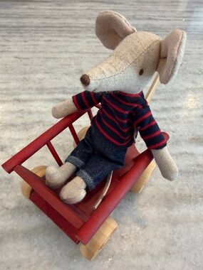Retired Maileg Dad Mouse with Red Wooden Wagon